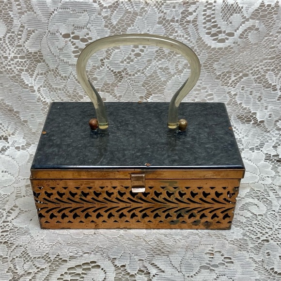 Vintage, Pierced Copper Tone Metal and Gray Lucite Boxy Purse- 8in x4.5 x 3.5in - Picture 2 of 12